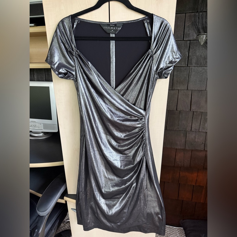 Norma Kamali KamaliKulture Side Draped Dress in Metallic silver size Medium
